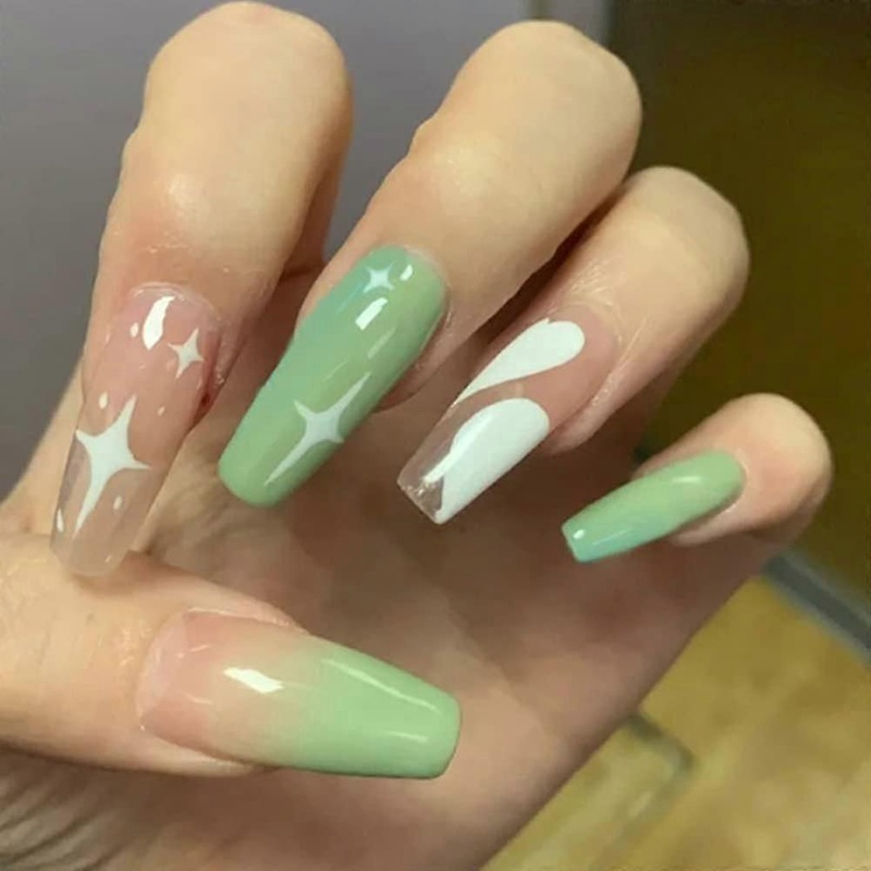 Fake Nails Medium Lenght Press On Nails Coffin Fake Nails Gradient Green Acrylics Full Cover False Nails For Women And Girls 24pcs,6984