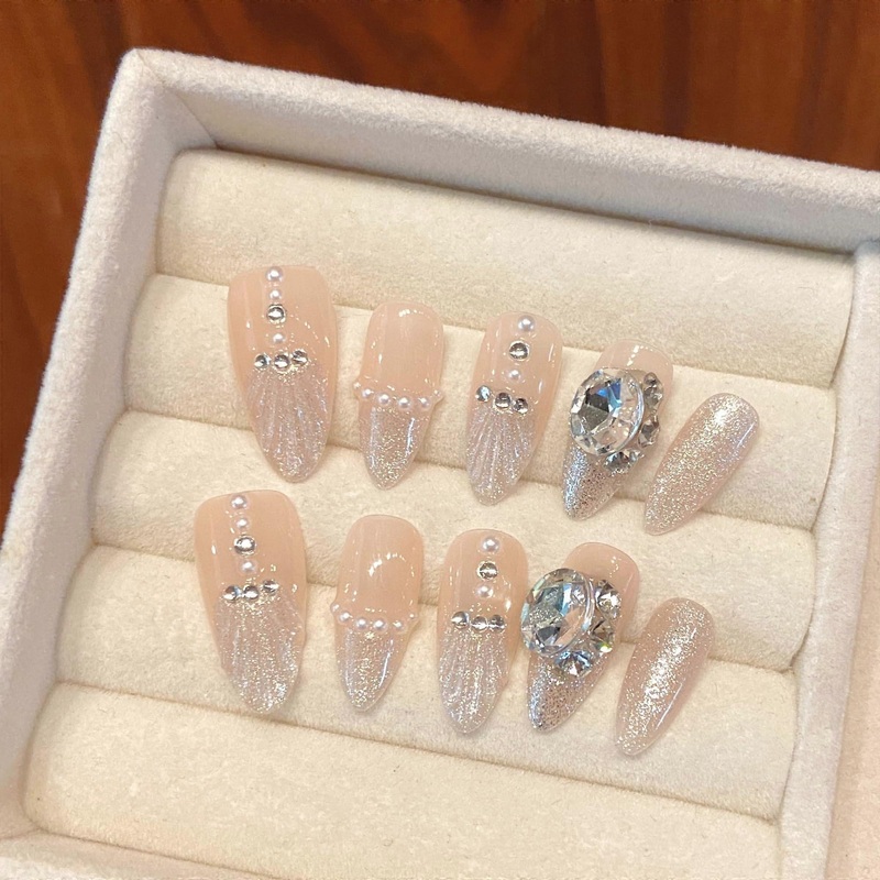 Wsliana Handmade Press On Nails Almond Shape Flesh Color Shell Tip Rhinestone Design 10Pcs Glue On Acrylic Nails Storage
