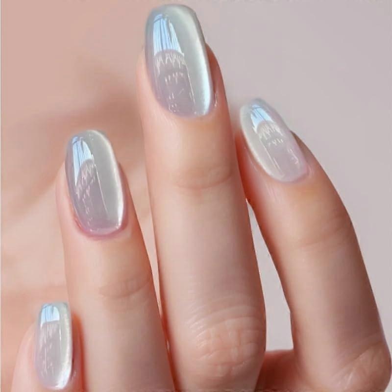 White Cat Eye Press-On Nails 24 PCS Short Bright Acrylic Square Fake Nails Style 5 in White Color