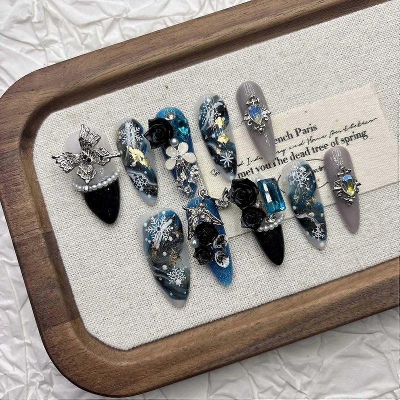 Black Rose Press on Nails, Gothic Snowflake Winter False Nails