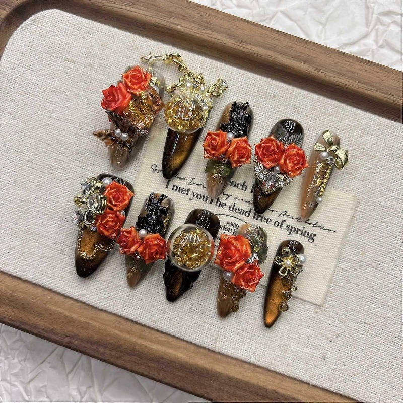 Bling Cat Eye Press on Nails Handmade Gel False Nails Medium Long