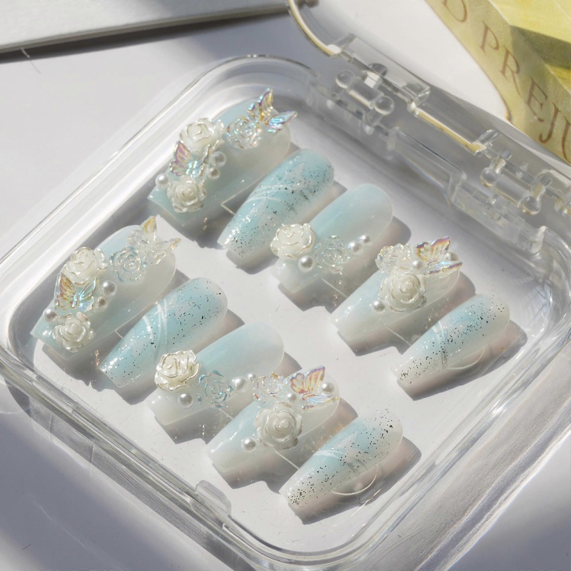 Coffin Shaped Luxury Press On Nails Size M White Ballerina Tea Artificial Nails with 3D Flowers and Pearls