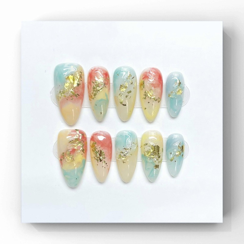 Wsliana Handmade Press On Nails Almond Shape Ombre Color Gold Glitter 10pcs Acrylic Nail Kit with Storage Box