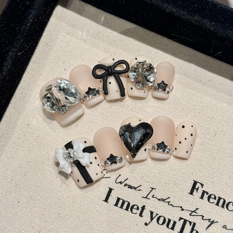 3D Gel Nails Press-On Short Square Matte White Large Rhinestone And Black Bow Reusable Acrylic Kit Size S 10 Nails #2220