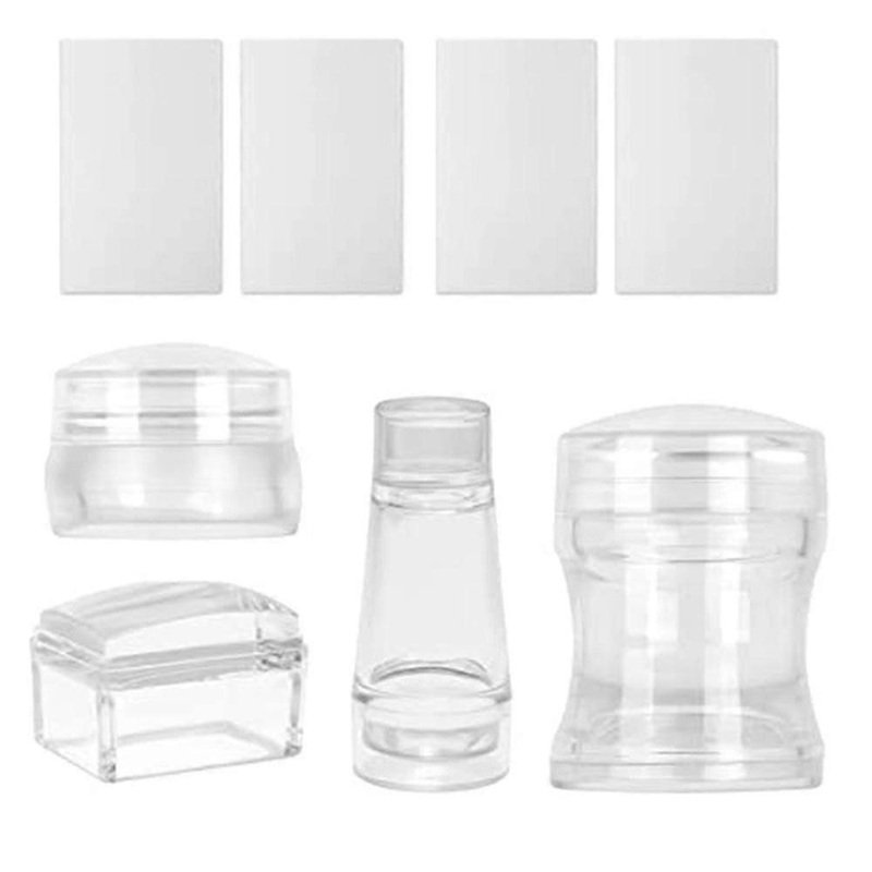 Clear Silicone Nail Art Stamps Set With 4 Scrapers - Round Rectangular Double Headed Visible Body Jelly Stamps For Nail Art