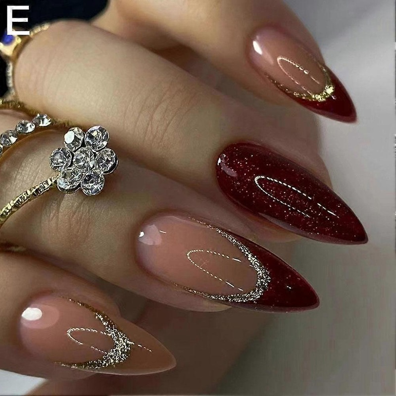 24pcs Wine Red False Nails, Medium Almond Full Cover Acrylic Press On Nails