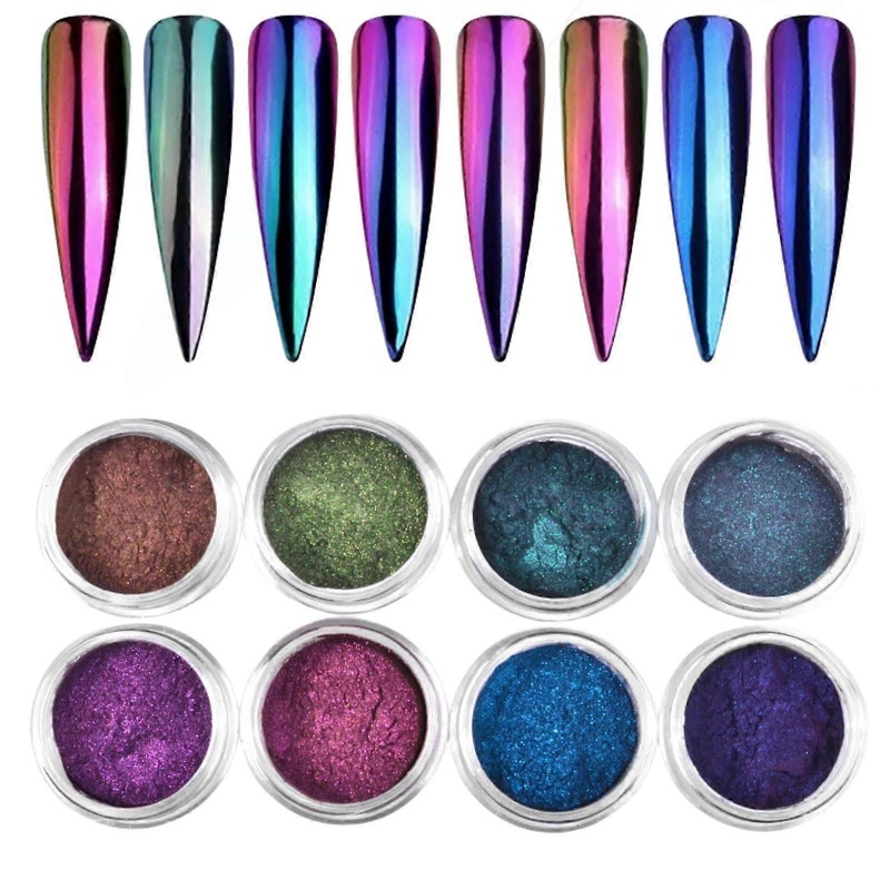 8Pcs Chameleon Chrome Nail Powder Set, Holographic Iridescent Mirror Effect Gel Nail Chrome Powder in 8 Colors