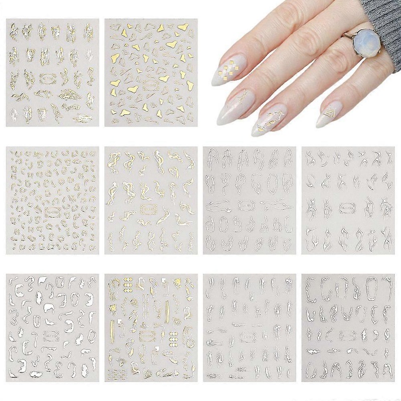 10 Sheets 10 Style Gold Stamping Wave French French Tips Nail Stickers Nail Decals with Self Adhesive for Women Girls Manicure Nail Art Decoration Mix