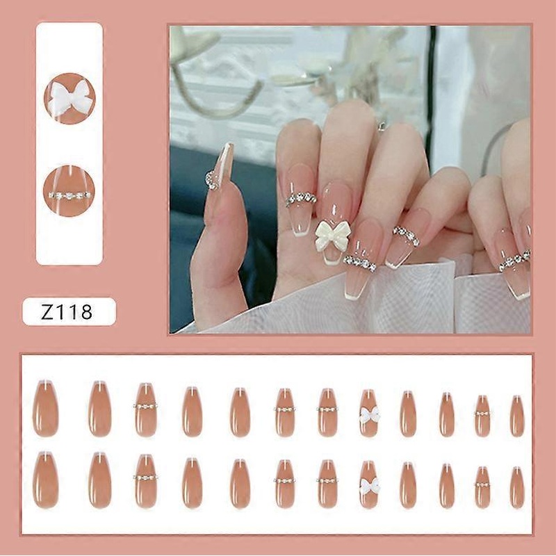 24pcs False Nails Detachable French Manicure Butterfly Diamonds Fake Nails