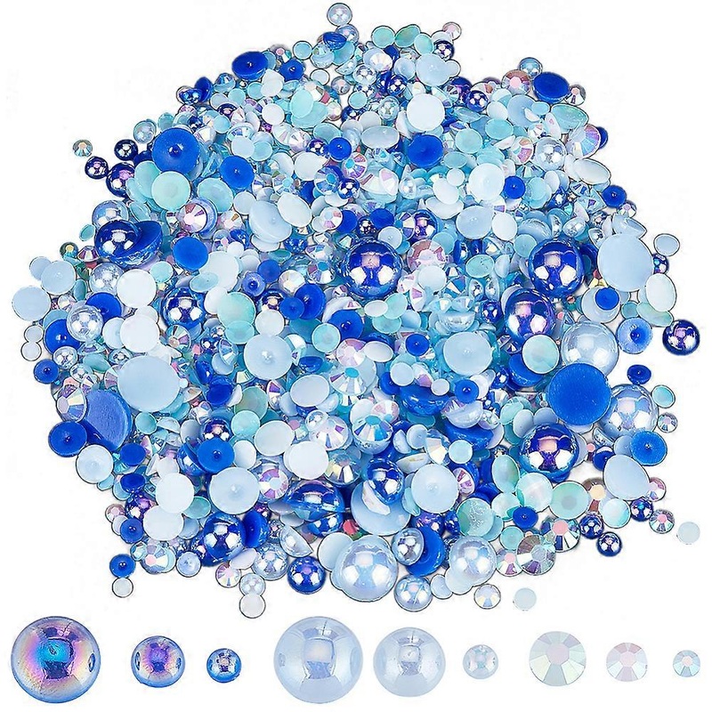 1 Box 60g Flatback Pearls and Rhinestones Set Nail Art Gems Bead Charms Mixed Size 3-10mm Round Blue Resin Rhinestones Half Pearls Beads for Nail Art