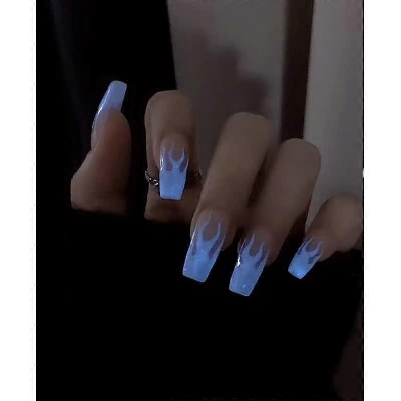 Press On Nails Blue Coffin Shape Handmade Nail Art Gel UV Finish Stick-On Nails For Women 10 Pcs