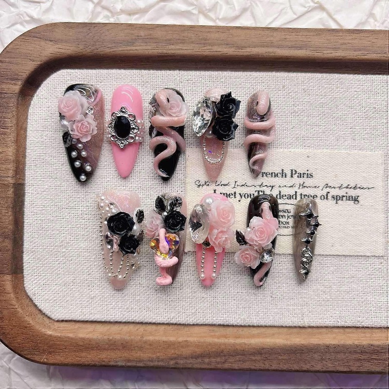 Snake Nail Press on Nails Black Pink Rhinestone Handmade
