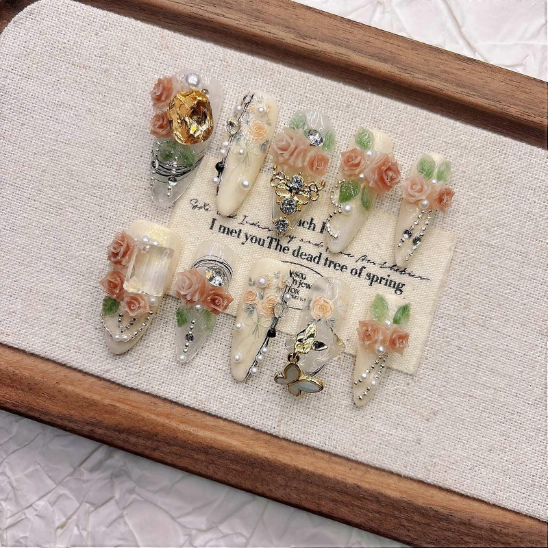 Almond Press on Nails Rhinestone 3D False Nails Handmade