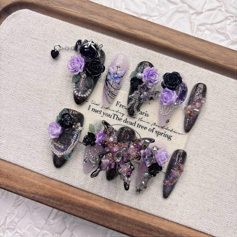 Cat Eye Purple Press on Nails Long Pointed False Nails Handmade