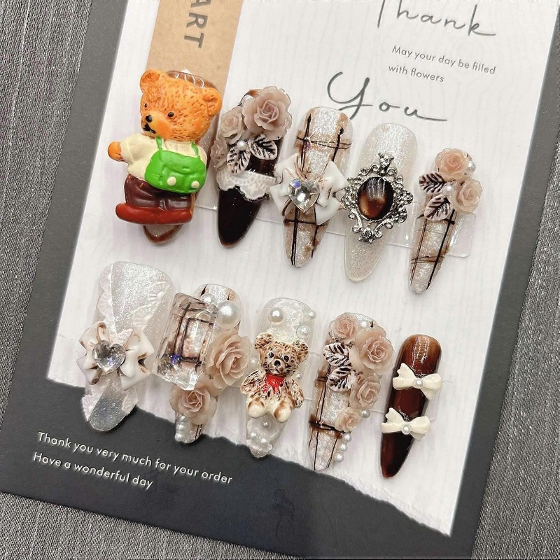 Cute Bear Press on Nails Cartoon 3D Y2K False Nails