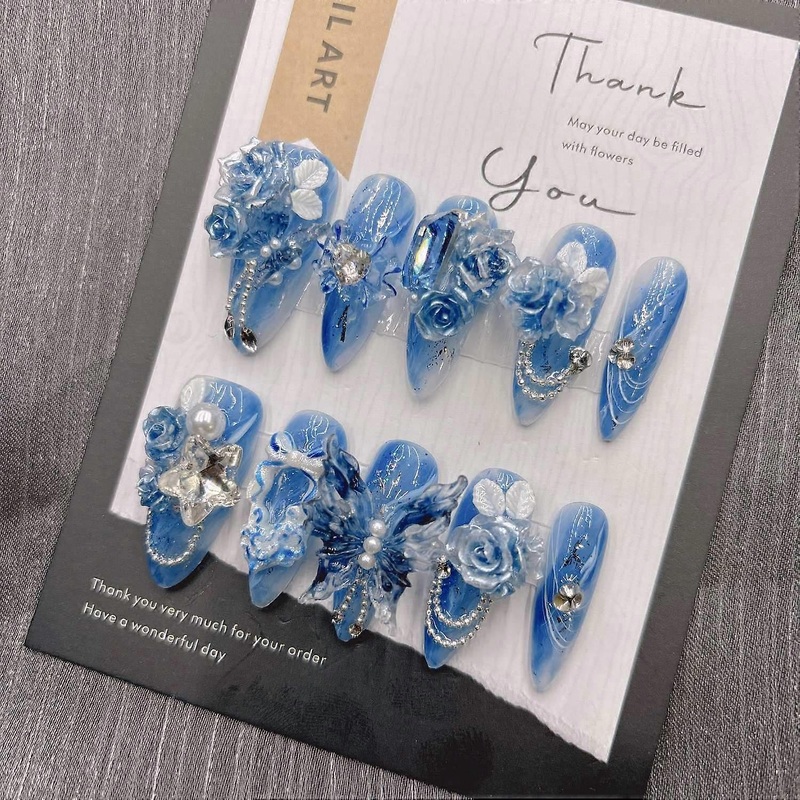 Ice Blue Rose Press on Nails, White Armor, Medium Length, Fairy Style