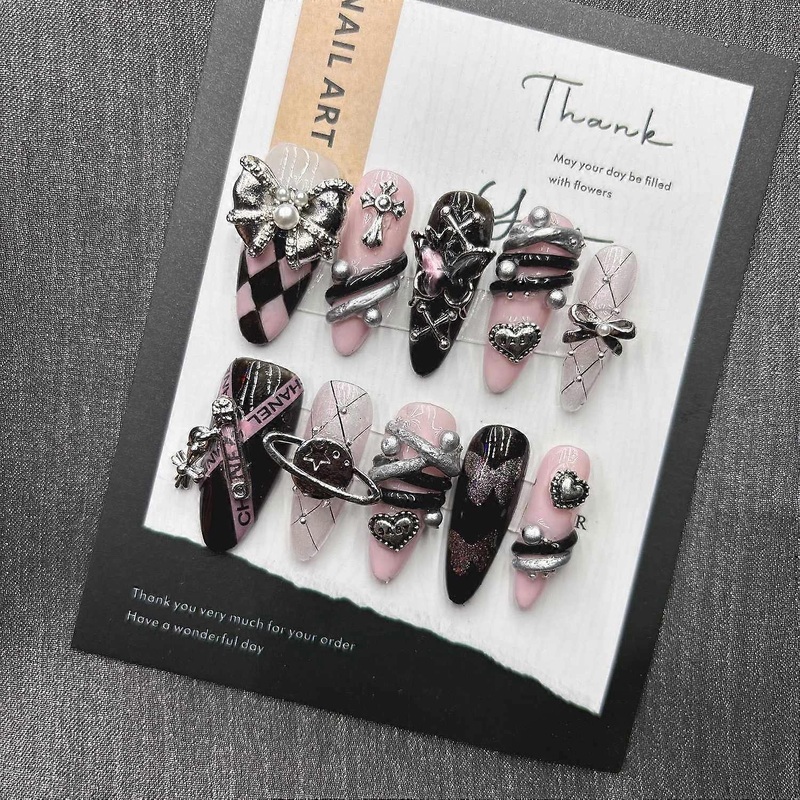Kuromi Press on Nails Y2K Lolita Handmade Black Pink Nails