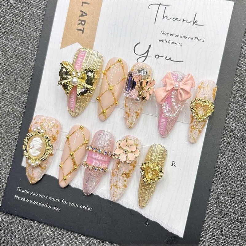 Pink Press on Nails Handmade Y2K French Style False Nails Glue on