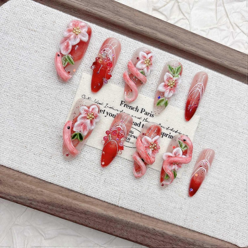 Pink Snake Press on Nails, 3D Handmade Sculptured False Nails