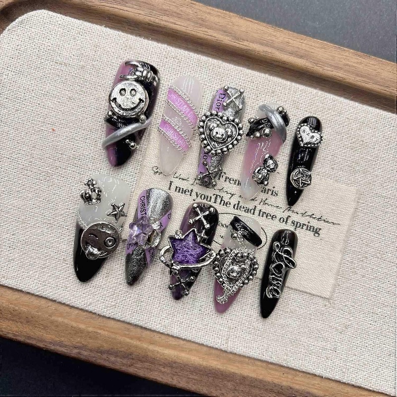 Purple Press on Nails Handmade Dark White False Manicure