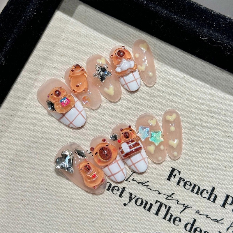 Press On Nails Long Shape Hand-Painted French Design Limited Edition Handmade Wearable Nails XS Size Capybara