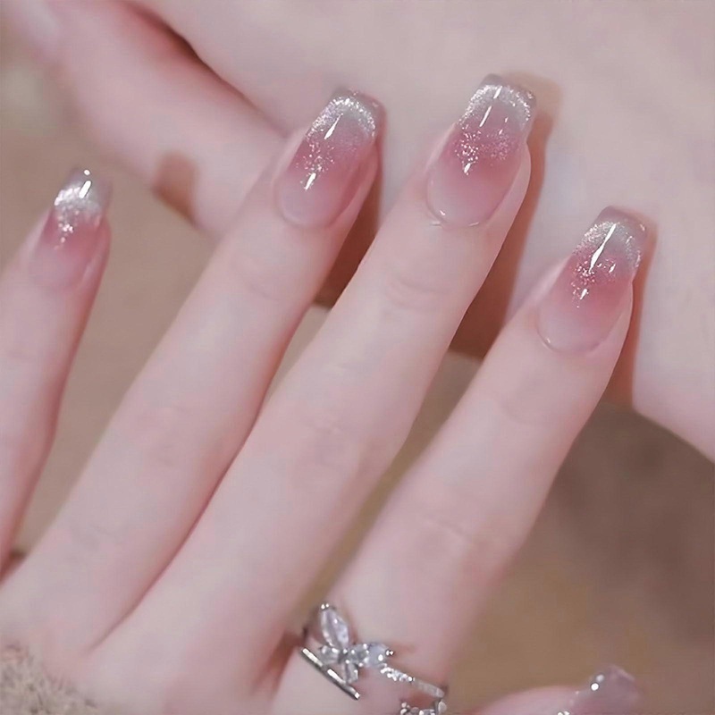 Nails Short Cat Eyes Square Press-On Fake Nails Pink Full Cover Rabbit Design 24 Pieces Durable Acrylic