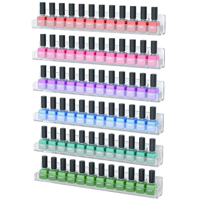 6 Pack Wall Mounted Nail Polish Rack Shelf, Clear Acrylic Organizer for 90 Bottles with Removable Anti-Slip Inserts